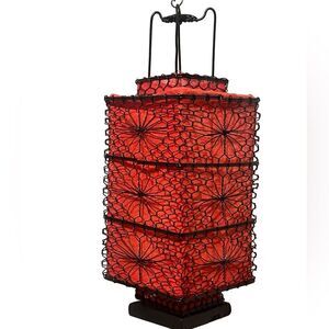 Vintage Black Metal Frame Wood Base with Red Cloth Chinese Lantern